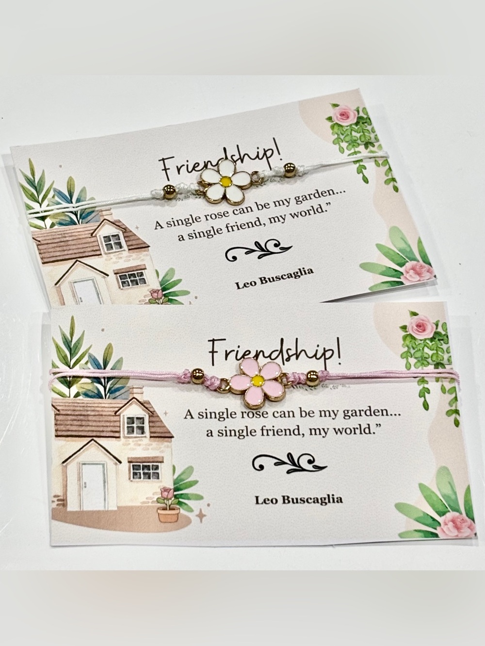 Pair of Handmade Friendship Floral Adjustable Cord Bracelets with Message Cards